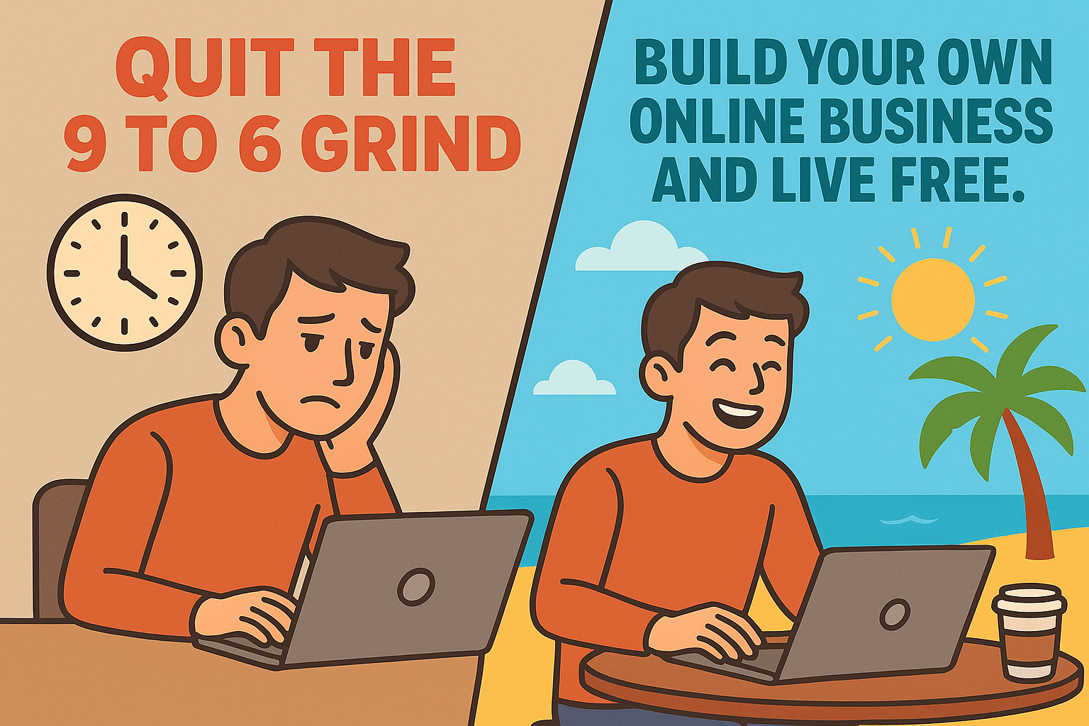 Illustration showing a man stressed at a 9 to 6 job versus happily working on his laptop by the beach, promoting the idea of online business and lifestyle freedom.