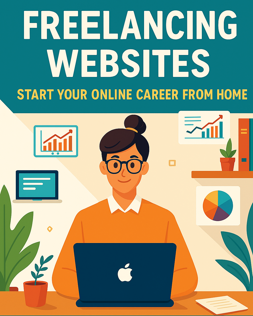 Freelancer sitting at desk working online with icons of freelancing platforms and global clients in the background.