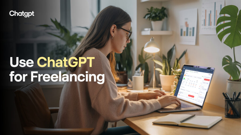 A focused female freelancer working from a modern home office using ChatGPT on her laptop to manage freelance tasks, with plants, charts, and productivity tools in a cozy environment.