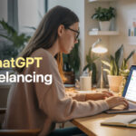 A focused female freelancer working from a modern home office using ChatGPT on her laptop to manage freelance tasks, with plants, charts, and productivity tools in a cozy environment.