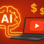 AI brain illustration connected to laptop with YouTube logo and dollar signs, symbolizing YouTube monetization and online income with artificial intelligence