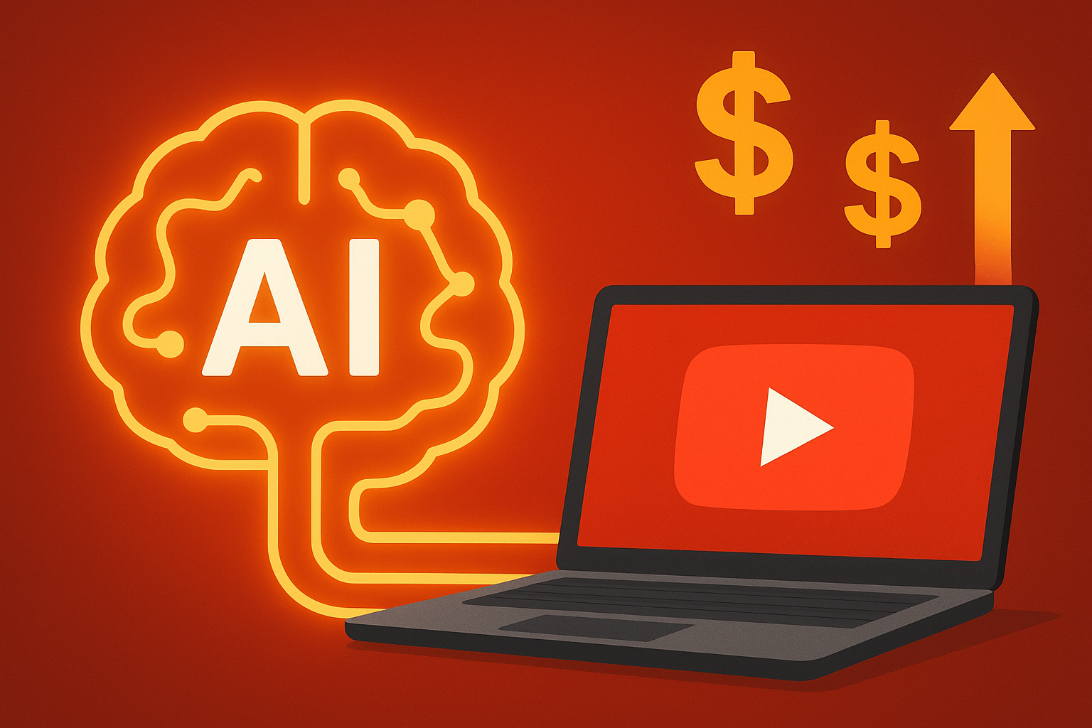 AI brain illustration connected to laptop with YouTube logo and dollar signs, symbolizing YouTube monetization and online income with artificial intelligence