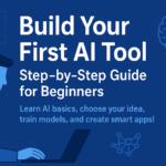 Illustration of a person working on a laptop with icons of AI brain, robot, neural network, and growth chart, representing building an AI tool for beginners.