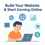 Illustration of a boy in an orange T-shirt working on a laptop with website building icons (domain, hosting, WordPress, SEO, shopping cart, dollar signs) and bold text "Build Your Website & Start Earning Online."