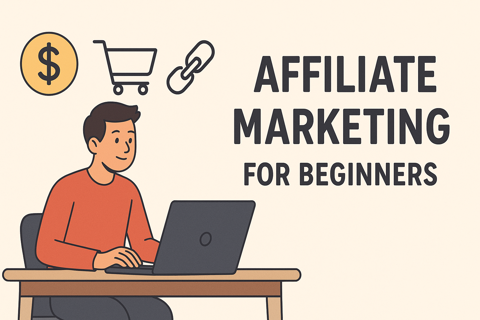 Illustration of a man working on a laptop with icons representing affiliate marketing, including a dollar sign, shopping cart, and link, with the text "Affiliate Marketing for Beginners"